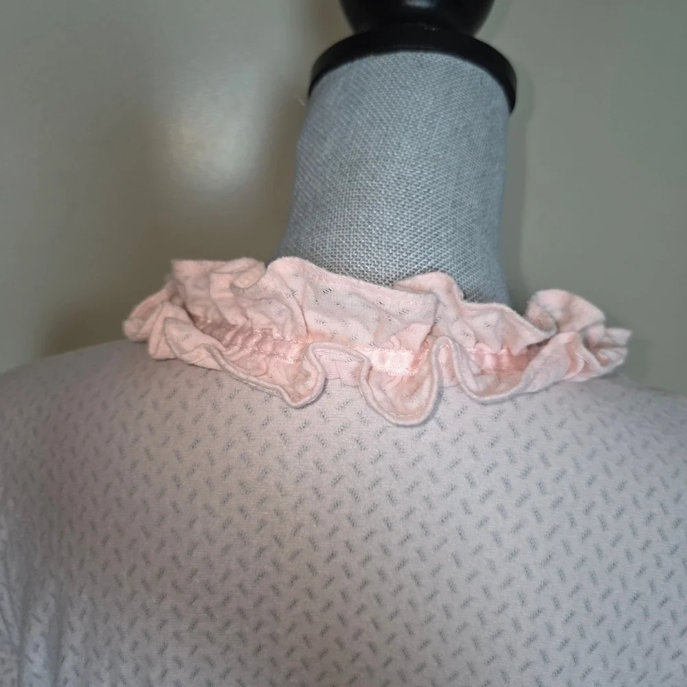 Vintage Pink Pointelle Nightgown Lace Ruffle V-Neck Long Sleeve Coquette